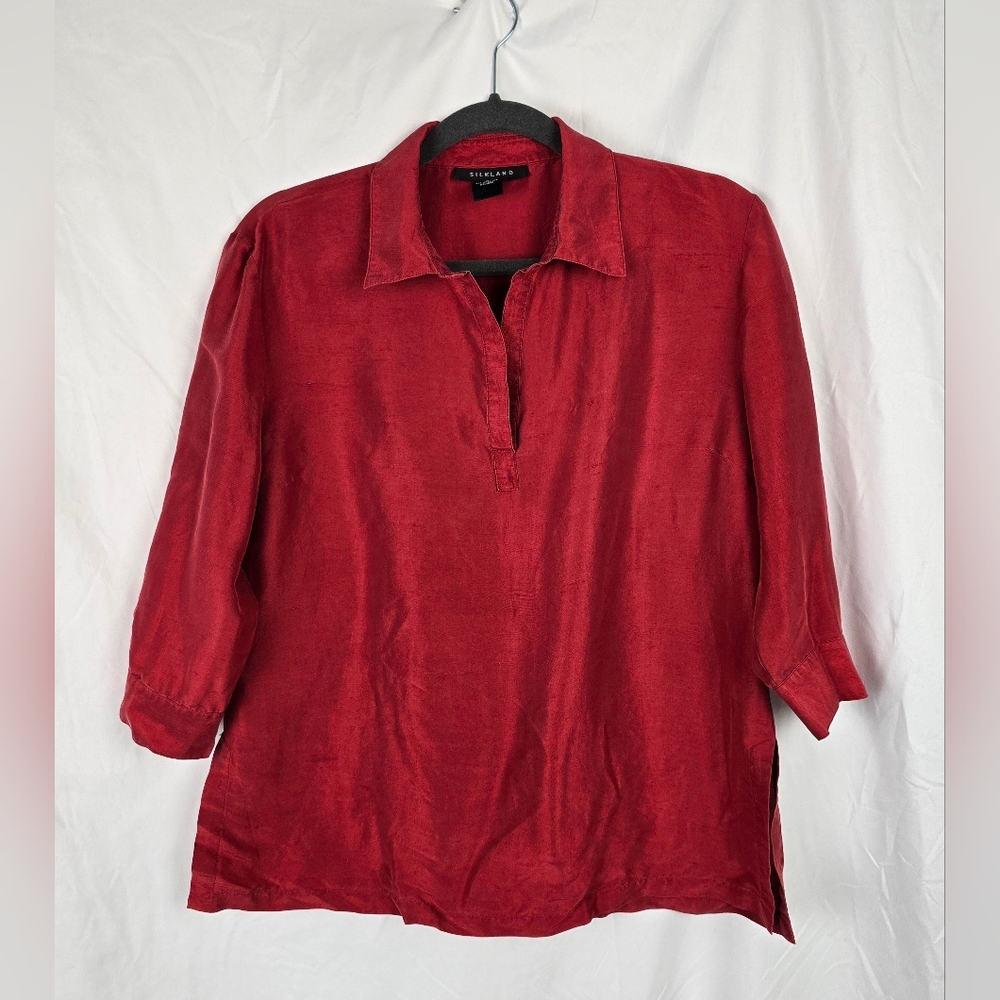 Silkland Holiday Red Collared 3/4 Sleeve Minimalist Boxy Satin Women's Top sz M
